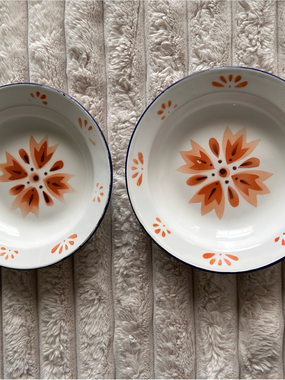 Vintage Orange Floral Enamel Bowls - Set of 2